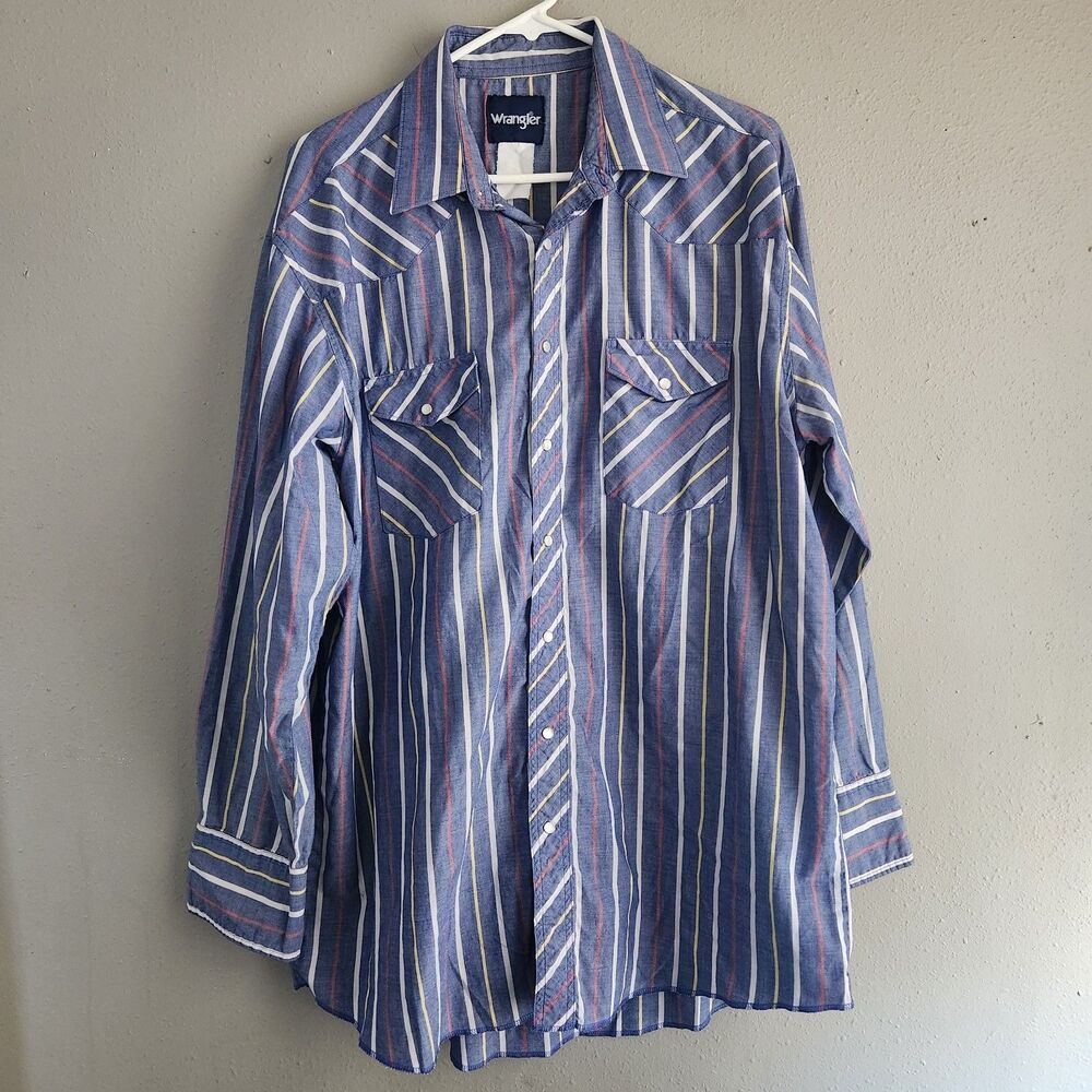 Vintage Wrangler Striped Western Shirt Pearl Snap Blue Chambray Cowboy Workwear